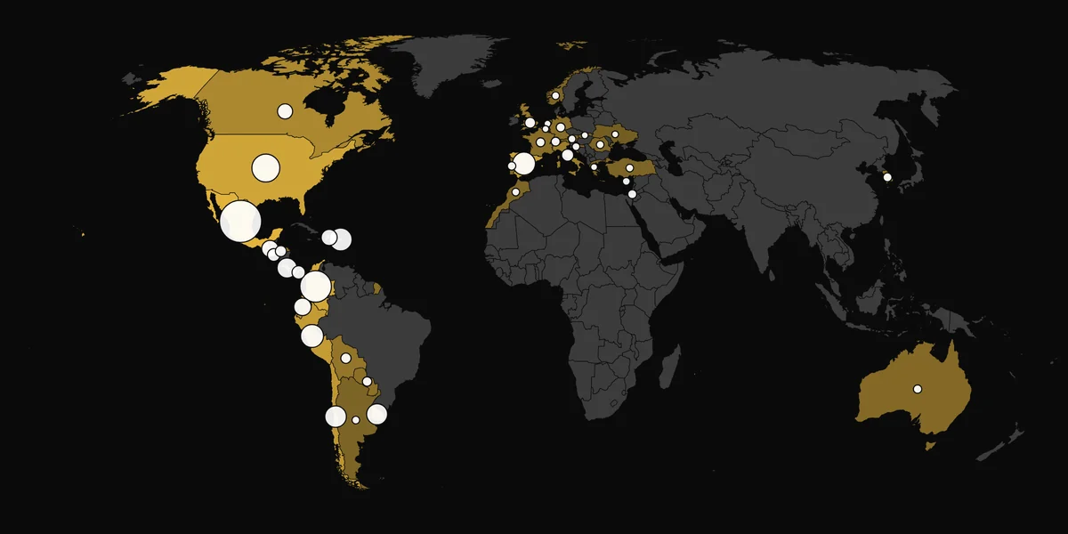 Mapa con los países de los lectores de Poescrítika en América, Europa, Asia, África y Oceanía